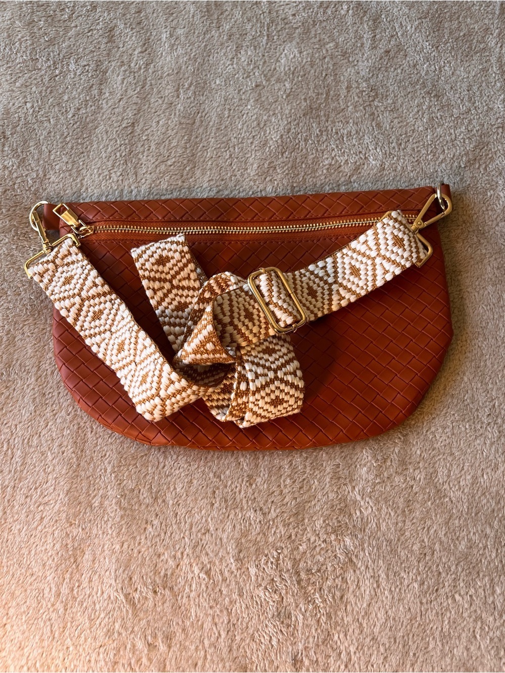 Woven Faux Leather Crossbody Bag Patterned Strap Brown Bum Sling Purse Fanny